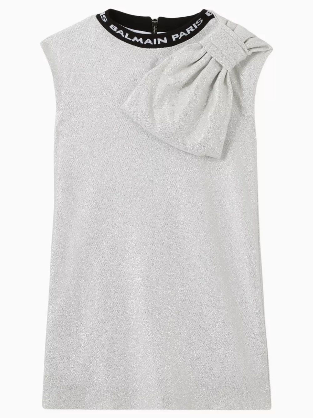 Balmain Silver Glitter Sleeveless Dress with Statement Bow